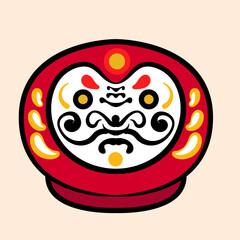 Japanase Daruma Doll with cheerful expression, bold eyebrows, yellow decorative patterns, red dot on forehead and expressive face, symbolizing perseverance and good luck in Japan culture
