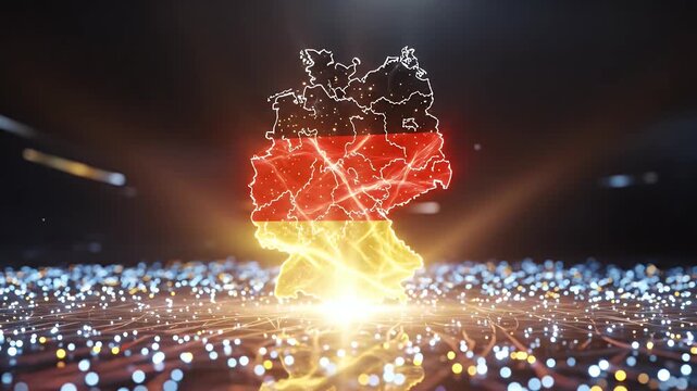A futuristic digital map of Germany with the national flag glowing over a high-tech data network.