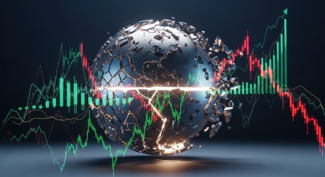 Global stock market volatility shown with a fractured earth and fluctuating financial charts, representing economic uncertainty and investment risk