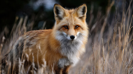 Obraz premium Beautiful red fox stands gracefully in tall grass, showcasing its vibrant fur and keen expression, embodying essence of nature elegance
