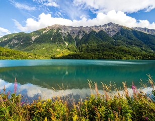 Mountain lake reflected in serene water
