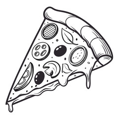 A delicious slice of pizza with melted cheese and various toppings drawn in a bold black and white outline style