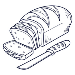 A hand drawn line art illustration of a sliced loaf of bread with a knife on a white background