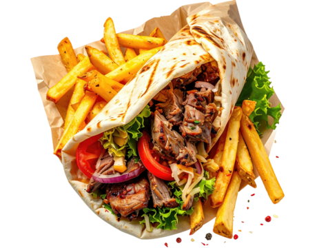 A delicious-looking gyro wrap with french fries