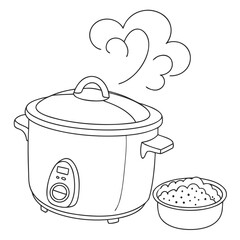 A simple line drawing of a steaming slow cooker next to a bowl of cooked rice perfect for recipe illustrations and food blogs