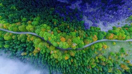 Drone shot of a mountain slope covered in autumn foliage, bursts of color arranged by elevation, birds-eye symmetry 