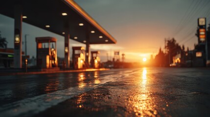 A gas station at sunset reflecting warm light on a wet road, creating a serene and atmospheric urban scene.