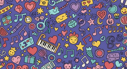 Naklejka premium Playful and Vibrant Doodle Pattern Featuring Music Notes Hearts and Smiles for Creative Backgrounds