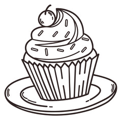 Simple black and white line art illustration of a cupcake with frosting sprinkles and a cherry on top presented on a plate