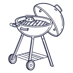 Simple outline drawing of a charcoal barbecue grill with the lid open ready for cooking outdoors