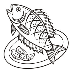 Stylized black and white illustration of a whole cooked fish served on a plate with lemon slices perfect for culinary art and design