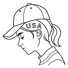 Stylized line art illustration of a young woman wearing a baseball cap with usa inscribed on it seen in profile