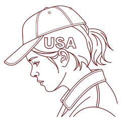 Stylized line art drawing of a young woman wearing a baseball cap with usa emblazoned on it looking downwards with a thoughtful expression