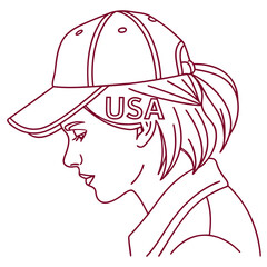 Stylized outline drawing of a young woman wearing a baseball cap with usa text representing american identity and youth culture