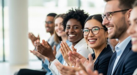 Diverse Business Team Clapping: Happy Multiethnic Employees Applause in a Successful Meeting, Celebrating Achievement, Collaboration, and Appreciation in Corporate Environment