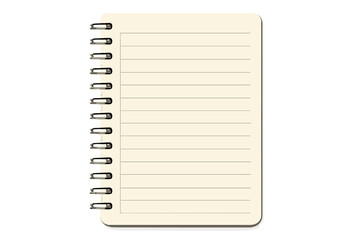 Realistic spiral notebook mockup with lined paper. Empty notepad or journal for writing notes. Clean vector illustration template isolated on a white background for design.