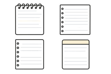 Notebook paper icon set. Lined notepad and memo page templates. Vector cartoon illustration of a spiral notebook, binder paper sheets, and sticky notes for school or office.