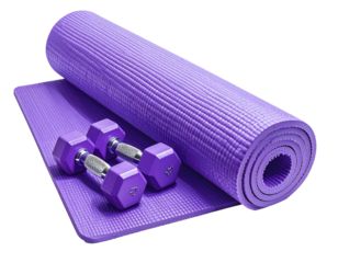 Purple exercise mat and dumbbells