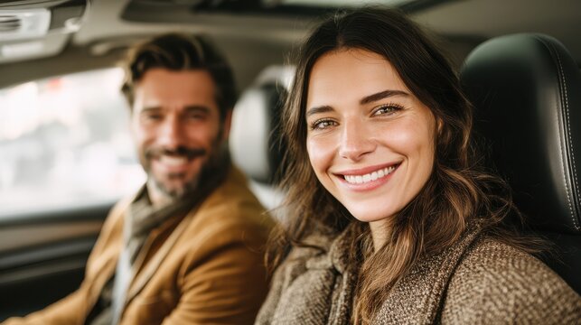 A smiling woman sits in the front passenger seat of a car, with a man in the blurred background, both appearing happy and relaxed during a car ride.