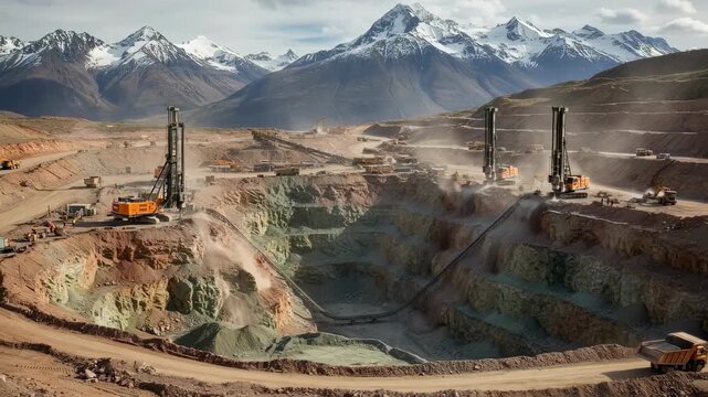 Heavyduty drill rigs amidst a mountainous landscape extracting mineral samples with visible excavation depth layers and rigorous mechanical action.
