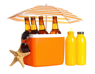 Orange cooler with drinks and beach accessories under a striped umbrella (1)