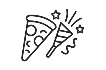 Pizza party vector line icon. Slice of pizza with party popper and confetti. Celebration, birthday, event symbol. Fast food graphic for pizzeria menu. Outline cartoon illustration.