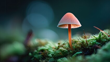 Fototapeta premium A small, illuminated mushroom stands tall in a mossy forest, with a blurred bokeh background