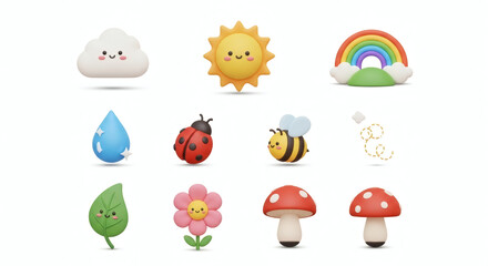 Fototapeta premium Adorable and whimsical 3D rendering of various nature elements, including friendly weather icons, vibrant flora, and cheerful insects, perfect for children's designs and educational content.