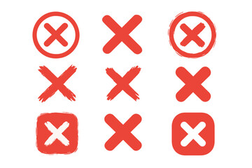Fototapeta premium Red cross mark X icon set. Wrong, no, error and reject symbols. Vector collection of decline, cancel and failure signs. Incorrect choice buttons with grunge brush strokes.