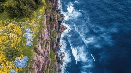 Top-down image of a coastal cliff in spring, wildflowers blooming near the edge, waves crashing below, vibrant seasonal colors 