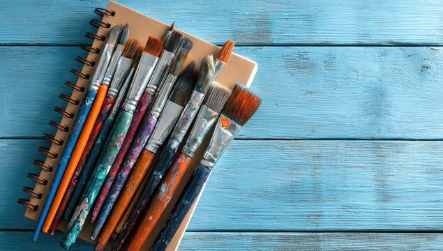 Paintbrushes atop a spiral-bound sketchbook, various colors and sizes, resting on a light blue wooden surface - Powered by Adobe