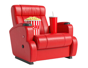 Red movie theater recliner with popcorn and soda