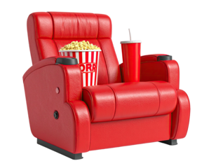 Red movie theater recliner with popcorn and soda