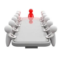 Red leader at head of conference table among white figures