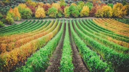 Top-down perspective of an autumn vineyard, rows of grapevines with red, orange, and gold leaves, perfect seasonal symmetry 