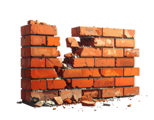 A section of a brick wall is crumbling, with broken bricks and debris