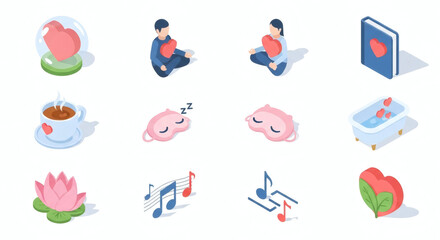 Isometric icons for self-care, emotional well-being, and relaxation. Digital illustrations depicting concepts of mental health, mindfulness, and self-love.