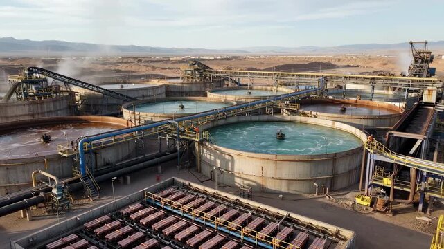 Footage of a hydrometallurgy plant with tanks and pipes capturing the chemical leaching process to purify copper.