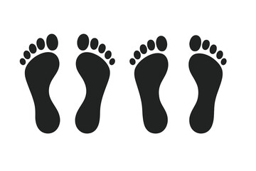 Two pairs of human footprints silhouette. Barefoot track, foot steps icon set. Symbol of a walking path or trail. Vector illustration for concepts of travel, journey or direction.