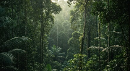 Fototapeta premium Lush, dense rainforest canopy. Sunlight filters through the trees