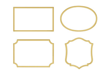 Gold frame set vector. Elegant golden vintage frames collection. Classic decorative border elements. Rectangle, oval, shield shapes for luxury design, certificate, or label.