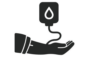 Blood donation glyph icon. Human arm and hand of a donor giving blood. Vector illustration for medical charity, blood transfusion, hospital, and volunteer life saving concept.