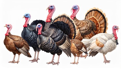 Turkeys family watercolor isolated illustration. White and black males and brown female farm birds hand drawn clip art. Poultry yard animals for fall and Thanksgiving Day realistic designs.