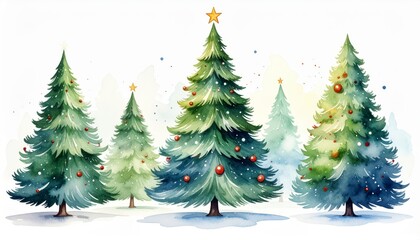 Fototapeta premium Set of watercolor christmas trees hand drawn on a white background. Christmas card. Festive evergreen artistic xmas fir holiday greeting handmade paint white backdrop season card.