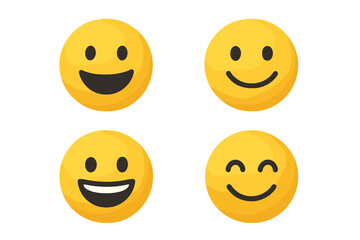 Fototapeta premium Smiling emoticon vector set. Happy emoji face collection. 3D yellow smile icons for expressing positive emotions, good mood, satisfaction, and customer feedback rating.