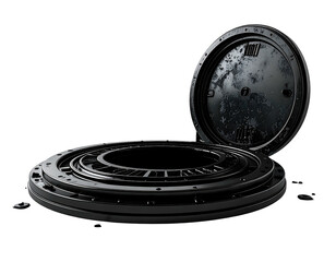Two dark, circular, mechanical-looking components, overlapping, on a black background