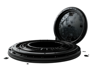Two dark, circular, mechanical-looking components, overlapping, on a black background