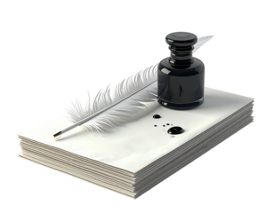 Stack of papers with quill and inkwell