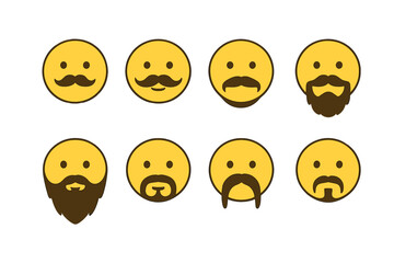 Vector set of yellow emoticons with various moustaches and beards. Male smiley face character pack. Flat icon design with different facial hair styles for man avatars.