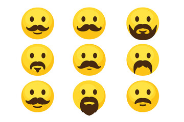 Moustache and beard emoji vector set. Emoticon smiley face character collection. Man facial hair styles icon pack. Funny hipster cartoon avatar for chat or web. Isolated graphic.